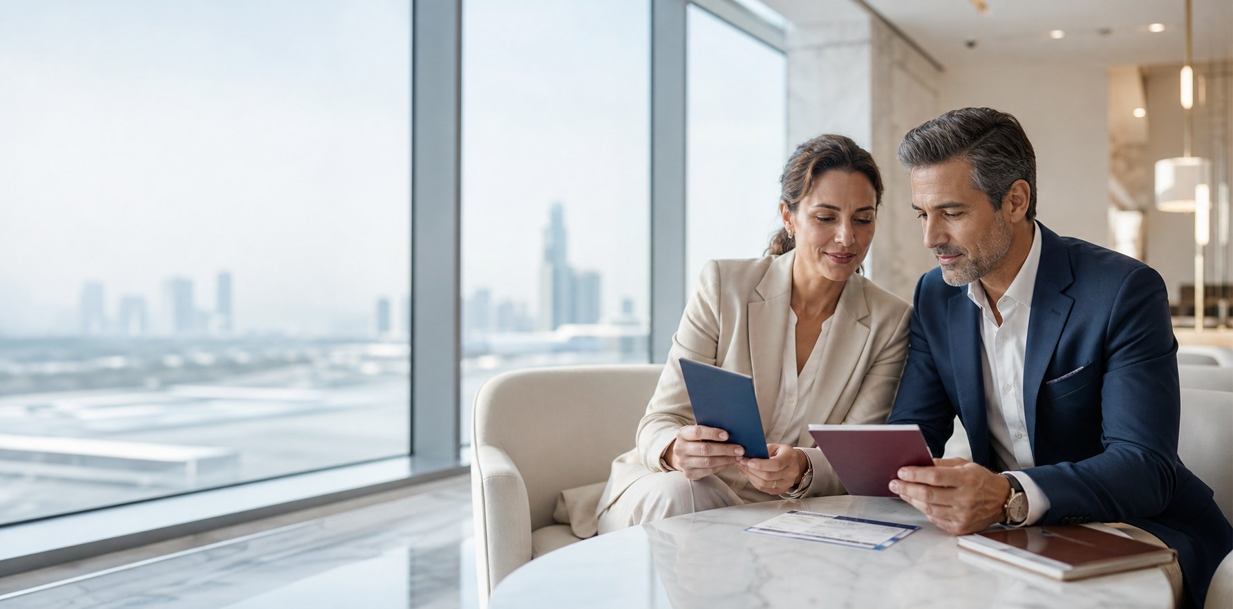 Couple reviewing passports while planning investment citizenship and global mobility