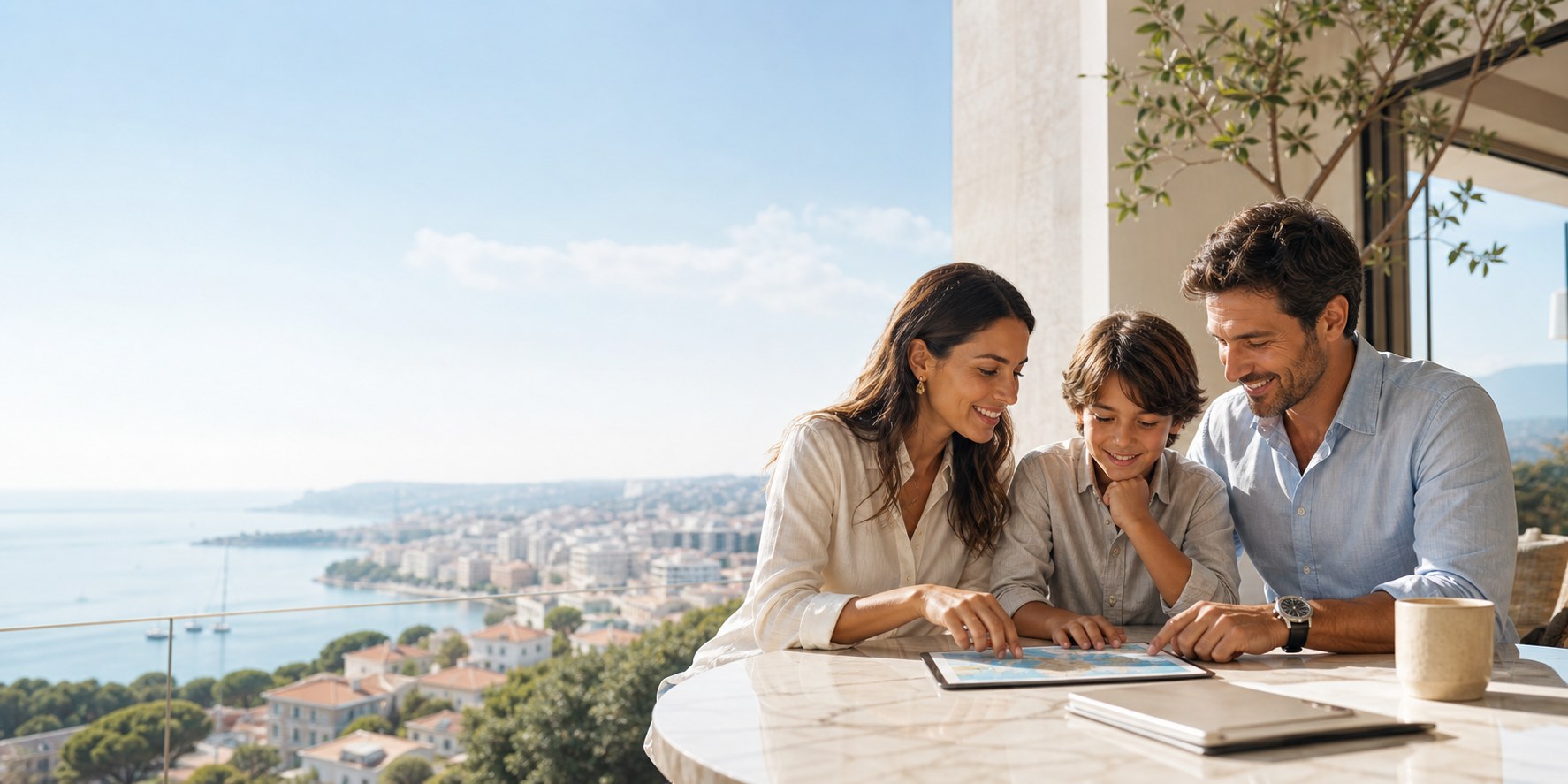 Family planning life abroad from a bright waterfront city home